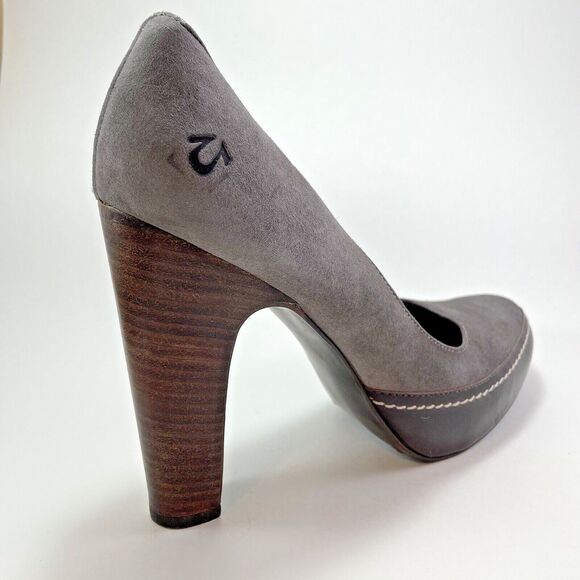 True Religion High Heel Platforms Women’s 8.5 Gray Suede Brown Leather 4.5" Heel - Picture 3 of 16